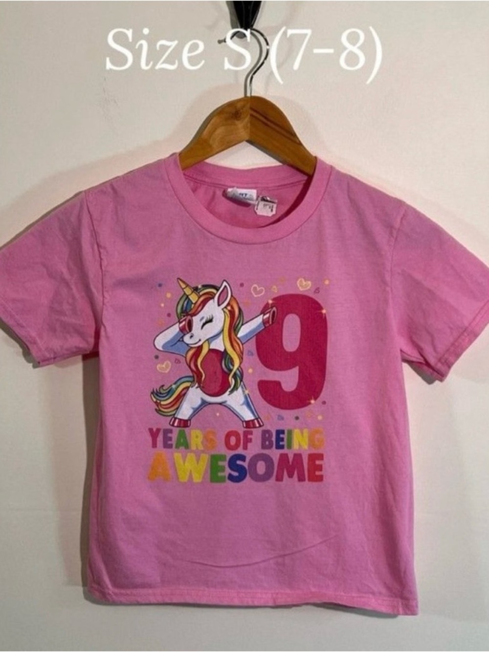 Girls Unicorn Birthday Shirt Age 9 Pink Tee Size 7 “9 Years Awesome”